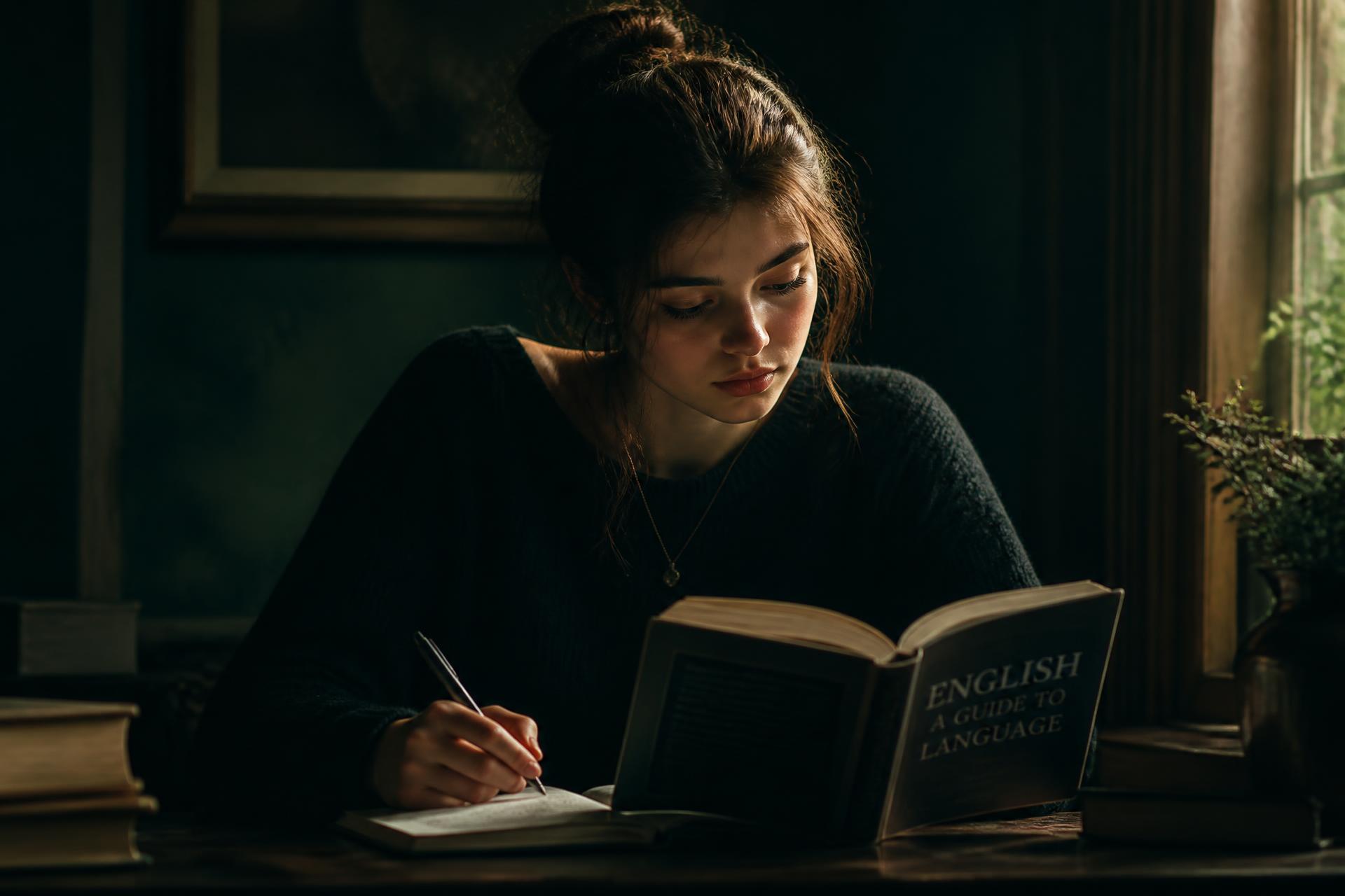 A student reading an English language guide by a window