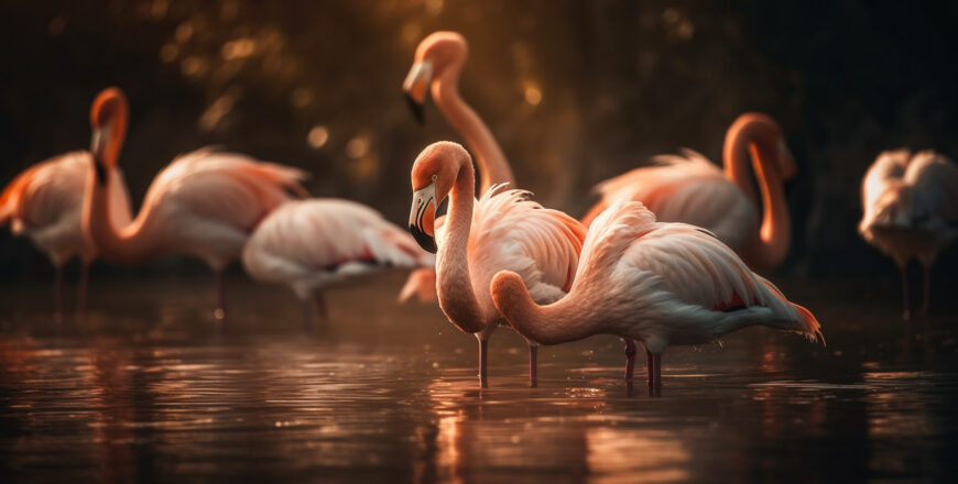 flamingos-wading-tranquil-pink-pond-reflection-generated-by-ai