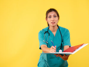 front-view-female-doctor-medical-shirt-holding-analysis-yellow-background