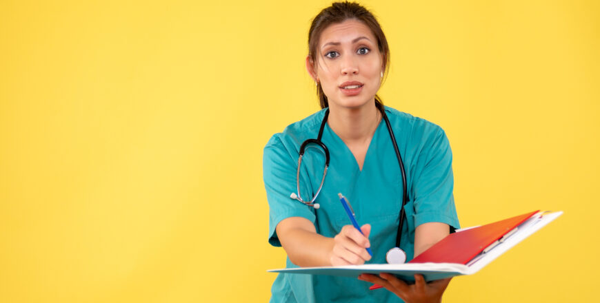 front-view-female-doctor-medical-shirt-holding-analysis-yellow-background